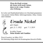 Traueranzeige Ursula Nickel, geb. Hagen