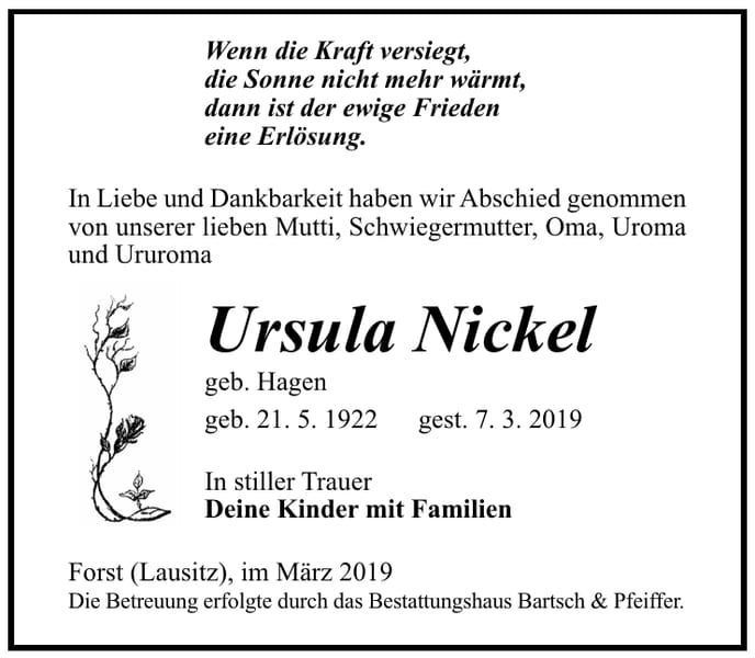 Traueranzeige Ursula Nickel, geb. Hagen