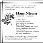 Traueranzeige Hans Niewar