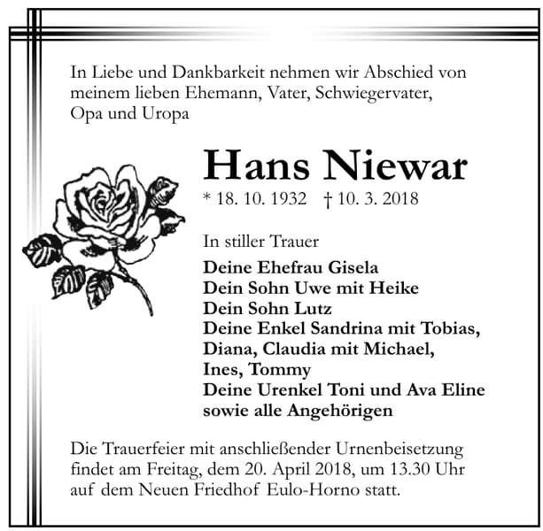 Traueranzeige Hans Niewar