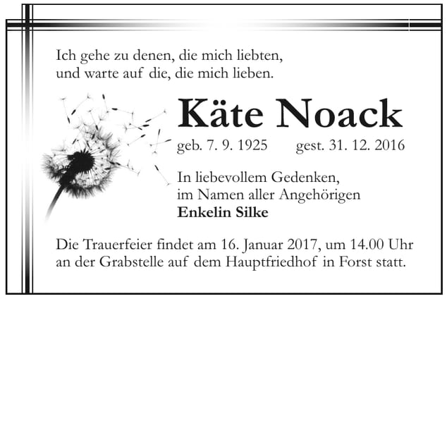 Traueranzeige Käte Noack