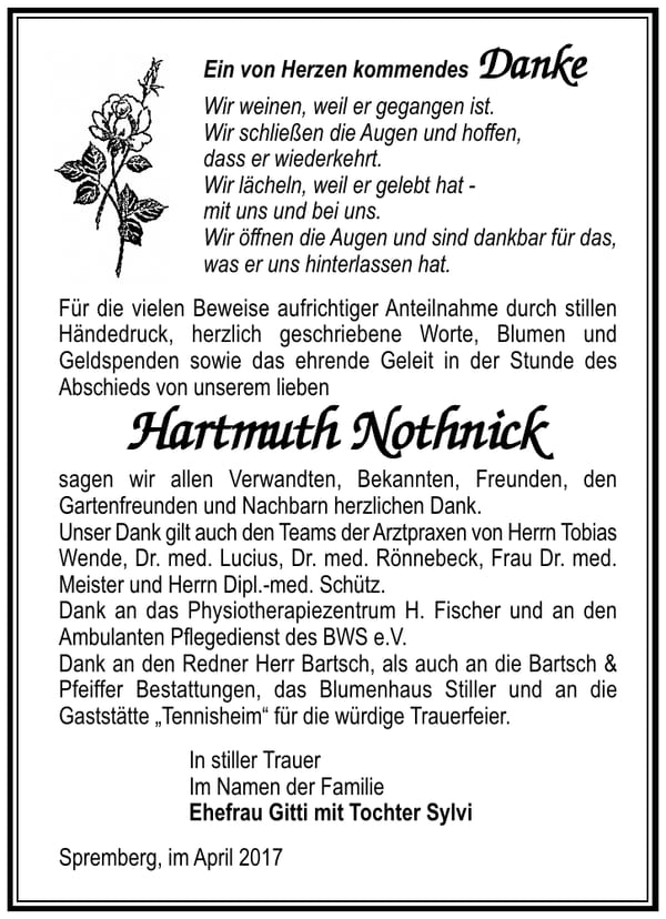 Danksagung Hartmuth Nothnick