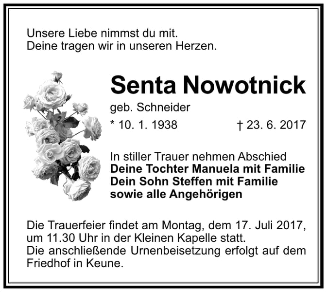 Traueranzeige Senta Nowotnick, geb. Schneider