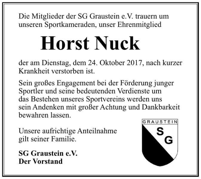 Traueranzeige Horst Nuck