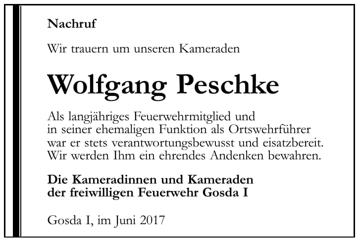 Nachruf Wolfgang Peschke