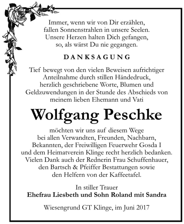 Danksagung Wolfgang Peschke