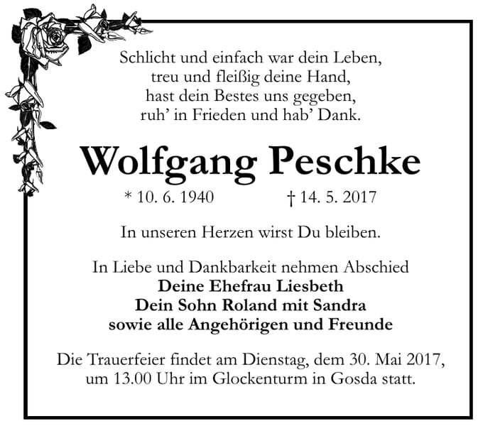 Traueranzeige Wolfgang Peschke