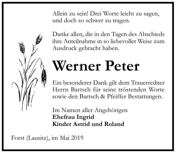 Traueranzeige Werner Peter