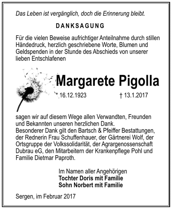 Danksagung Margarete Pigolla