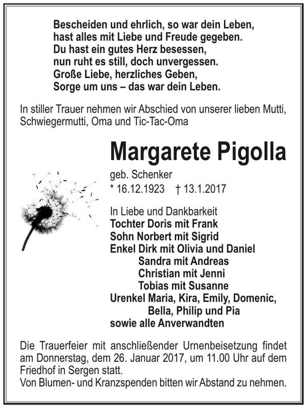Traueranzeige Margarete Pigolla, geb. Schenker