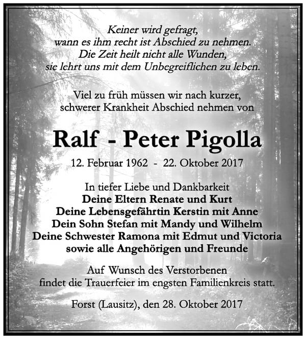 Traueranzeige Ralf - Peter Pigolla