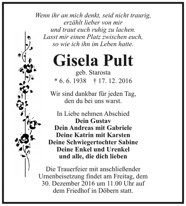 Traueranzeige Gisela Pult, geb. Starosta