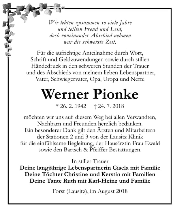 Danksagung Werner Pionke