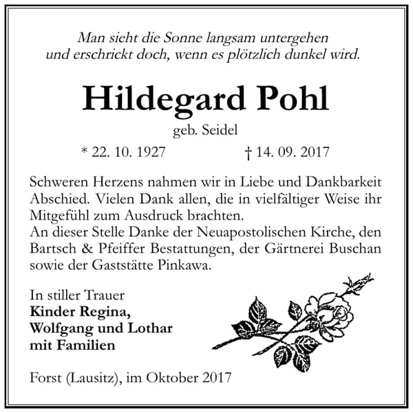Danksagung Hildegard Pohl, geb. Seidel