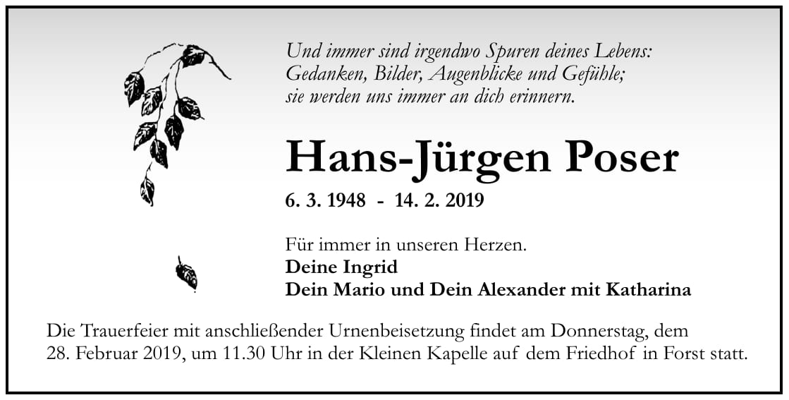 Traueranzeige Hans-Jürgen Poser