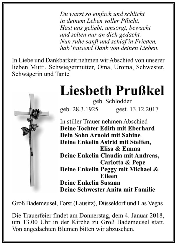 Traueranzeige Liesbeth Prußkel, geb. Schlodder