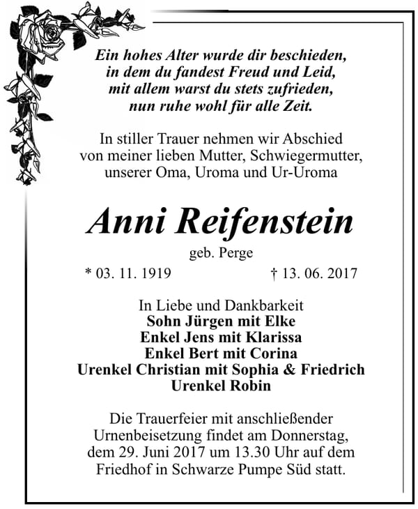 Traueranzeige Anni Reifenstein, geb. Perge