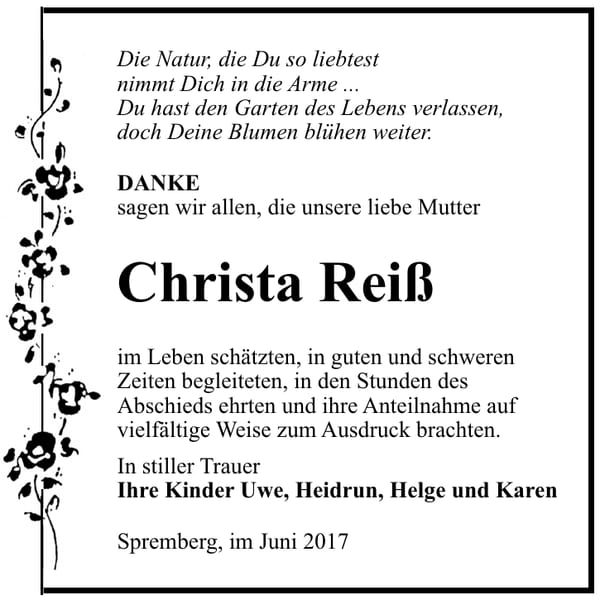 Danksagung Christa Reiß
