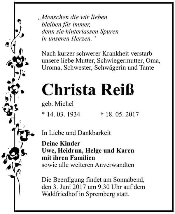 Traueranzeige Christa Reiß, geb. Michel
