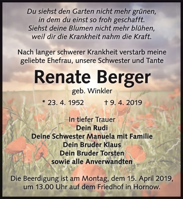 Traueranzeige Renate Berger, geb. Winkler