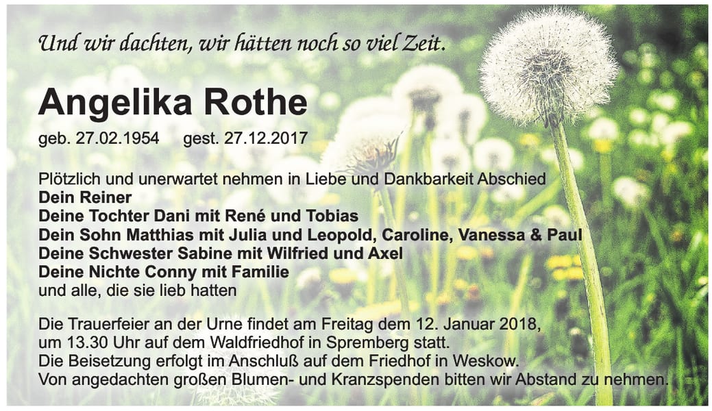 Traueranzeige Angelika Rothe