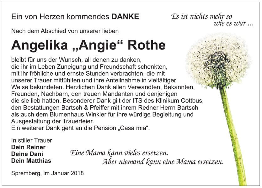 Danksagung Angelika „Angie“ Rothe