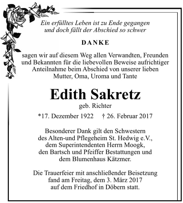 Danksagung Edith Sakretz, geb. Richter