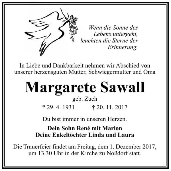 Traueranzeige Margarete Sawall, geb. Zuch