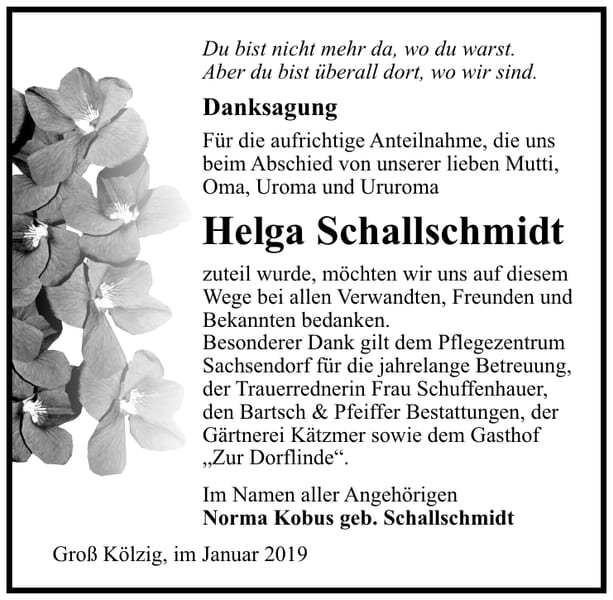 Traueranzeige Helga Schallschmidt, geb. Schallschmidt