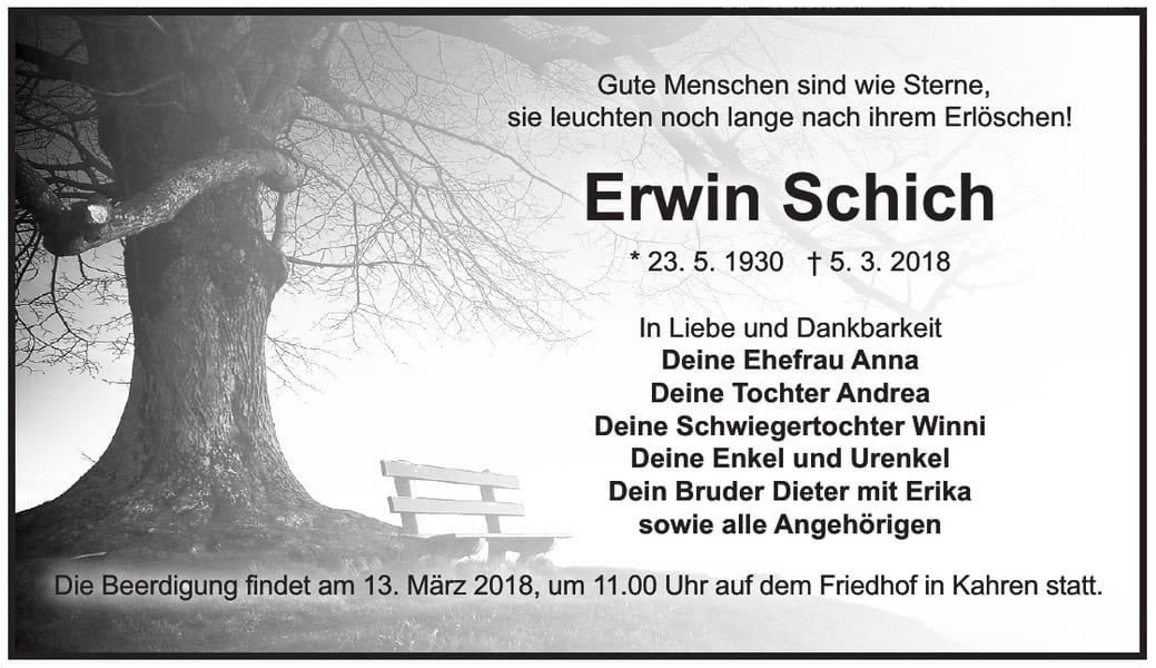 Traueranzeige Erwin Schich