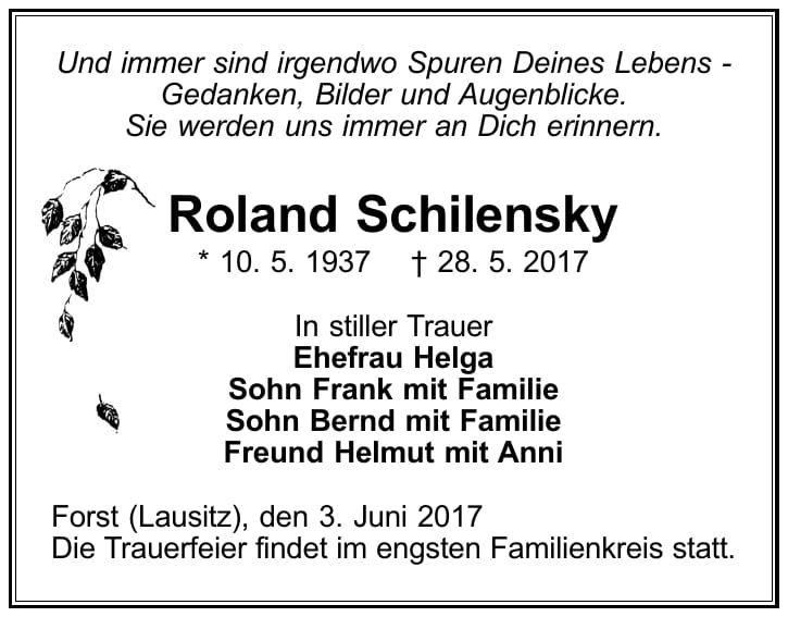 Traueranzeige Roland Schilensky