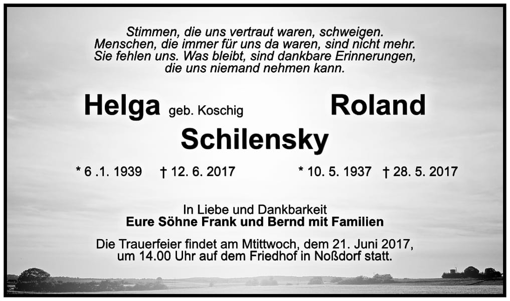 Traueranzeige Roland Schilensky, geb. Koschig