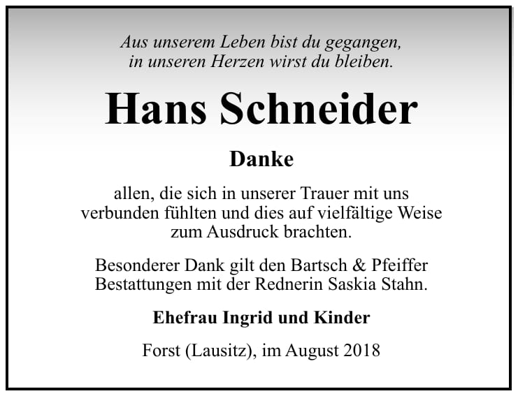 Danksagung Hans Schneider