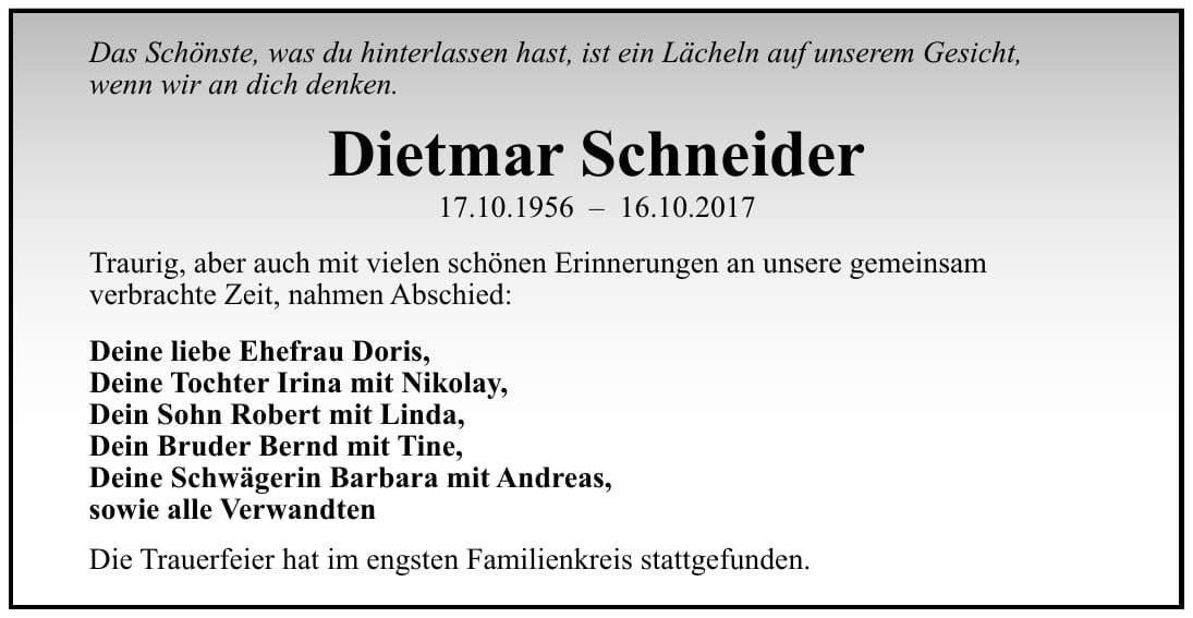 Traueranzeige Dietmar Schneider