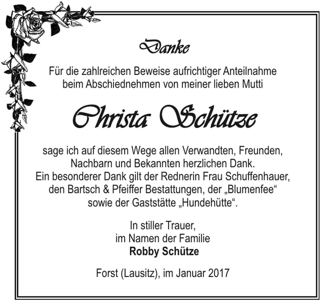 Danksagung Christa Schütze