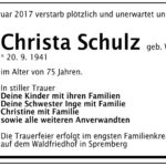 Traueranzeige Christa Schulz, geb. Wagner