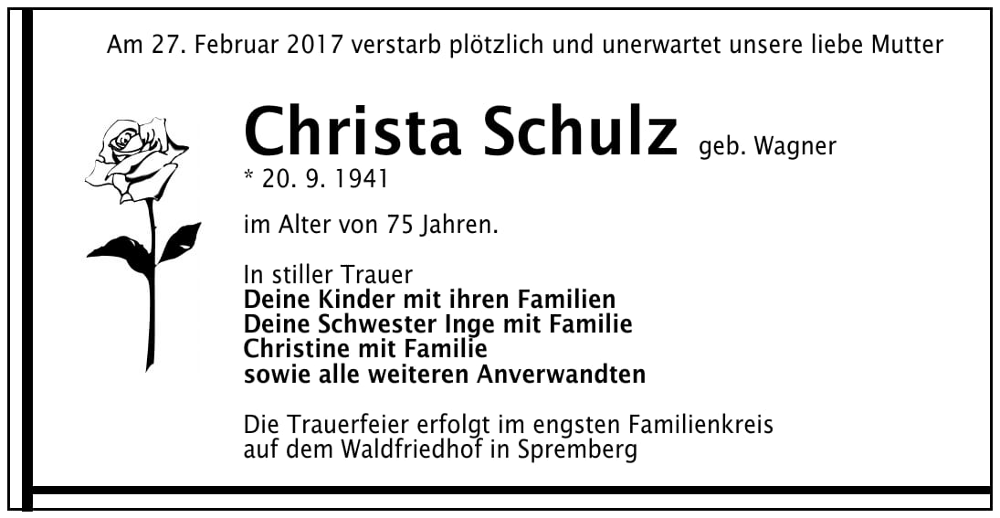 Traueranzeige Christa Schulz, geb. Wagner