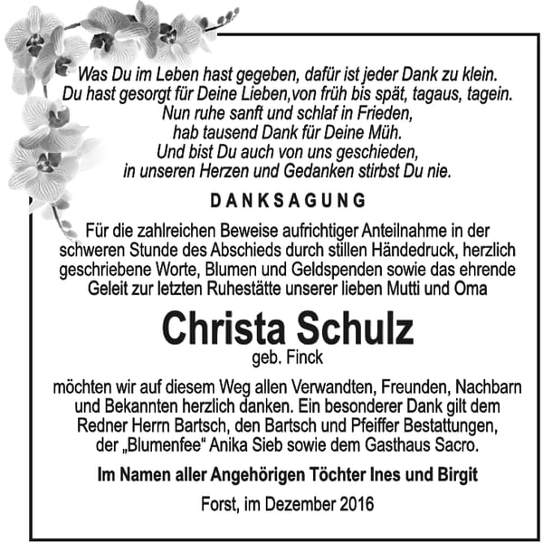 Danksagung Christa Schulz, geb. Finck