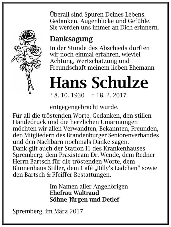 Danksagung Hans Schulze