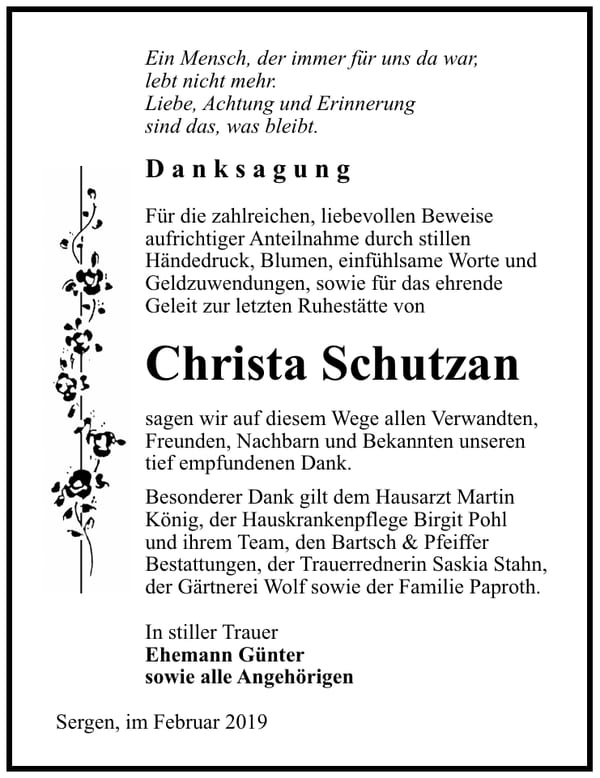 Traueranzeige Christa Schutzan
