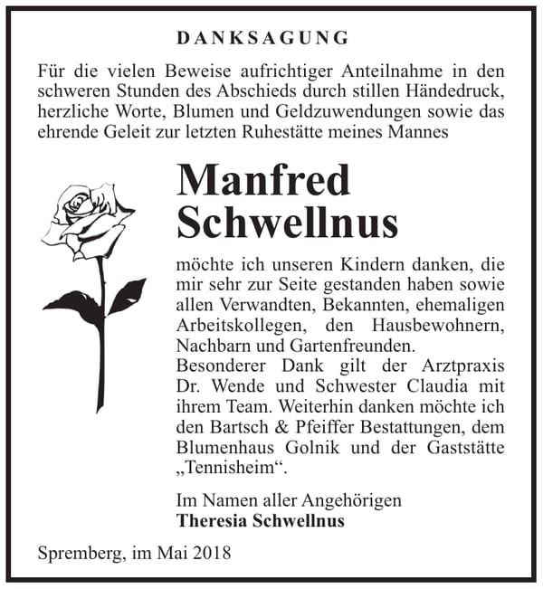 Danksagung Manfred Schwellnus