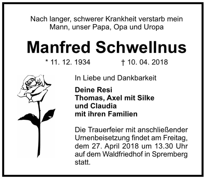 Traueranzeige Manfred Schwellnus