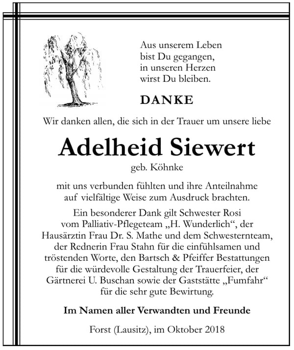 Danksagung Adelheid Siewert, geb. Köhnke