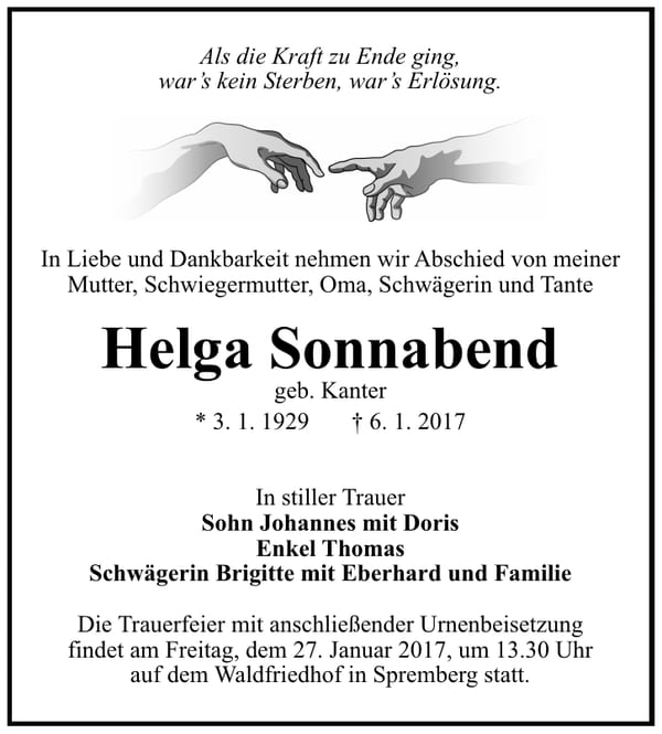 Traueranzeige Helga Sonnabend, geb. Kanter