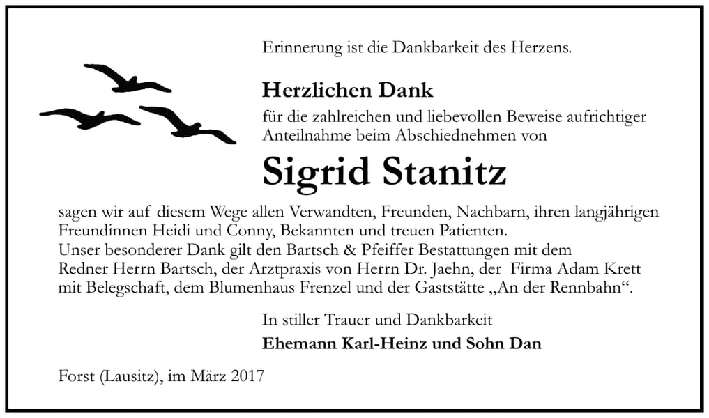 Danksagung Sigrid Stanitz