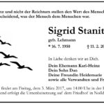 Traueranzeige Sigrid Stanitz, geb. Lehmann
