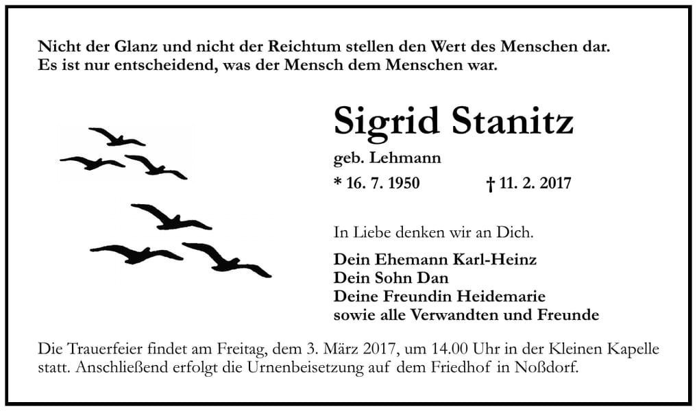 Traueranzeige Sigrid Stanitz, geb. Lehmann