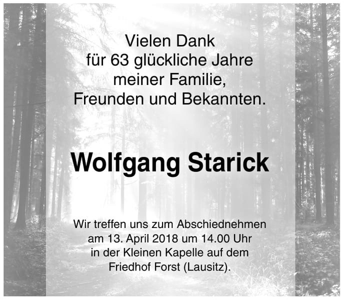Traueranzeige Wolfgang Starick