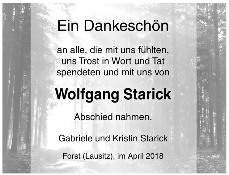 Danksagung Wolfgang Starick