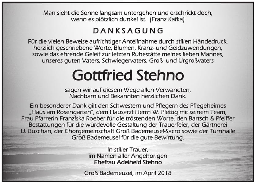 Danksagung Gottfried Stehno